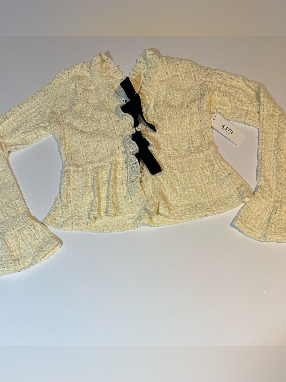 ASTR the Label Miliana Top Cardigan Sheer Lace Ruffled Neck